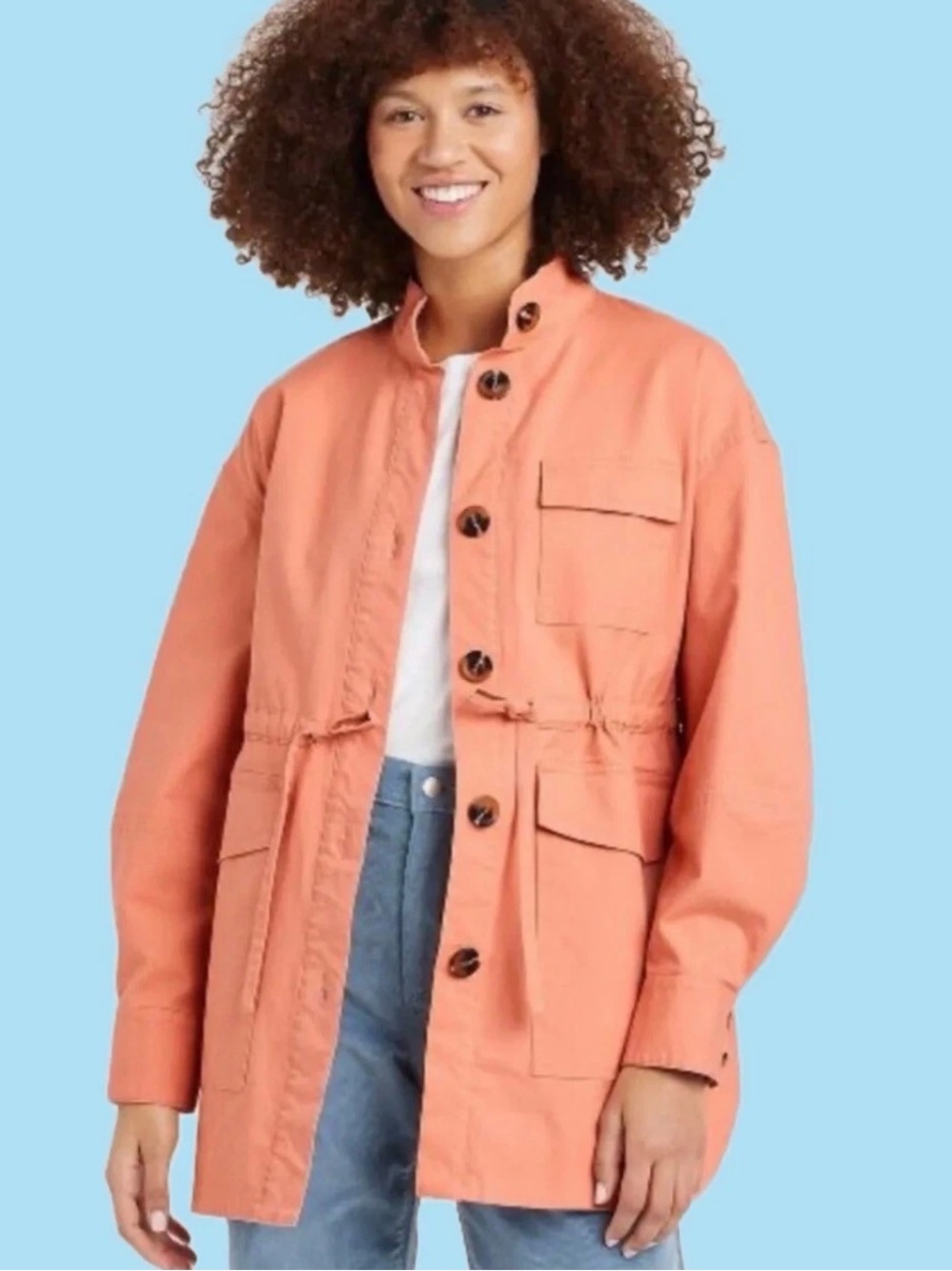 Utility Field Jacket Women’s size M. Coral Long Trench Cargo Coat Lightweight